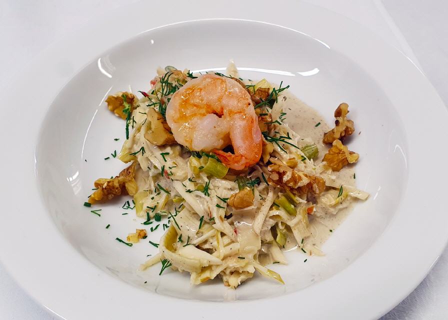 Apple-Leek-Celery Root Salad with Walnuts and a sauted Prawn